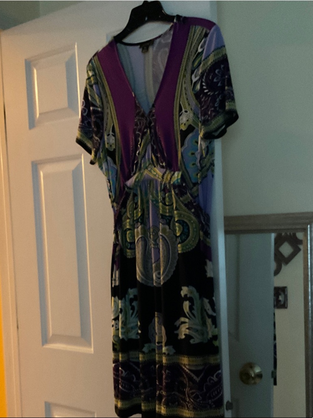 Snap Purple Paisley V-Neck Dress with Black Accents